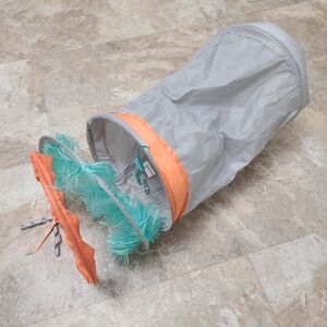 Gray and Orange Small Pet Kitten Cat Tunnel with Teal Feathers